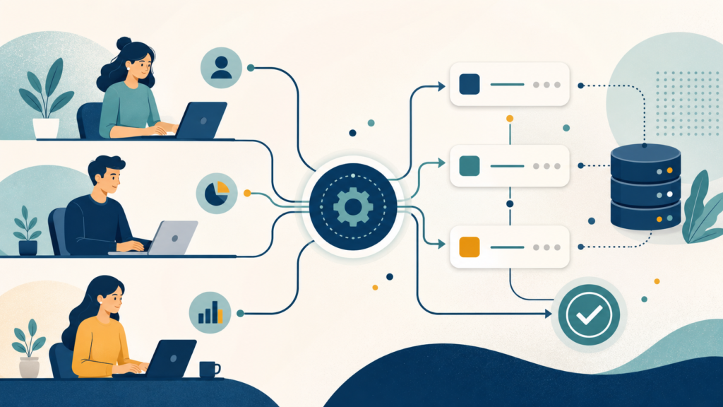 Ilustração de automação de processos conectando pessoas, tarefas e sistemas em um fluxo de trabalho organizado.