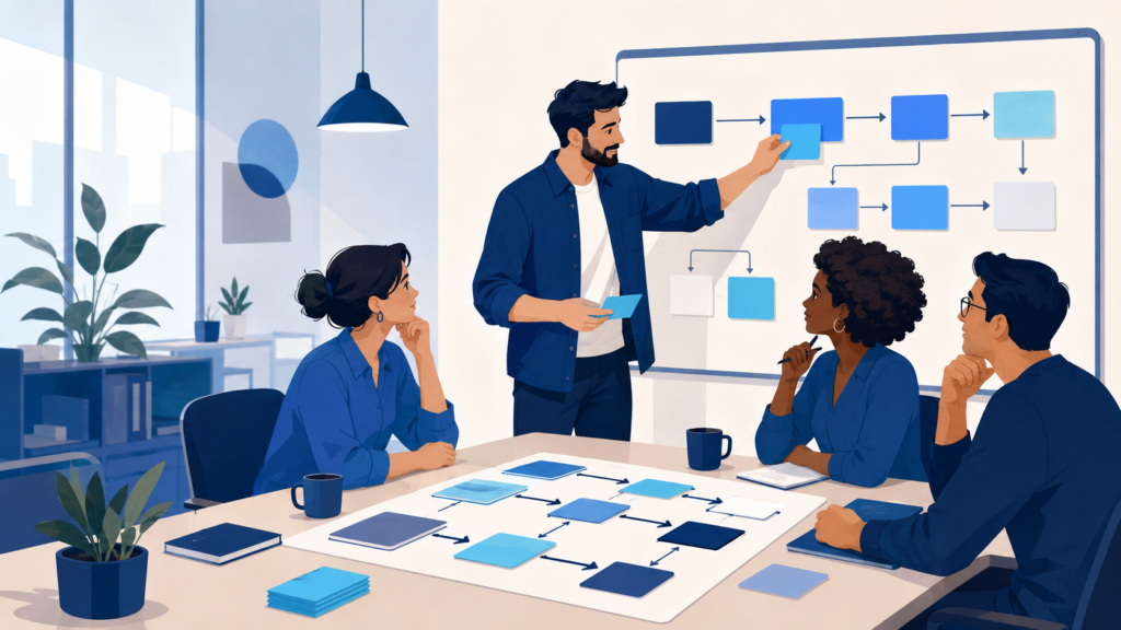 Ilustração de profissional atualizando um site em notebook com conteúdo organizado
