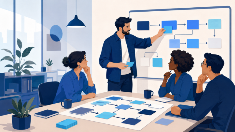 Ilustração de profissional atualizando um site em notebook com conteúdo organizado