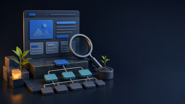 Ilustração de estrutura de site, pesquisa e organização de páginas para SEO no WordPress.