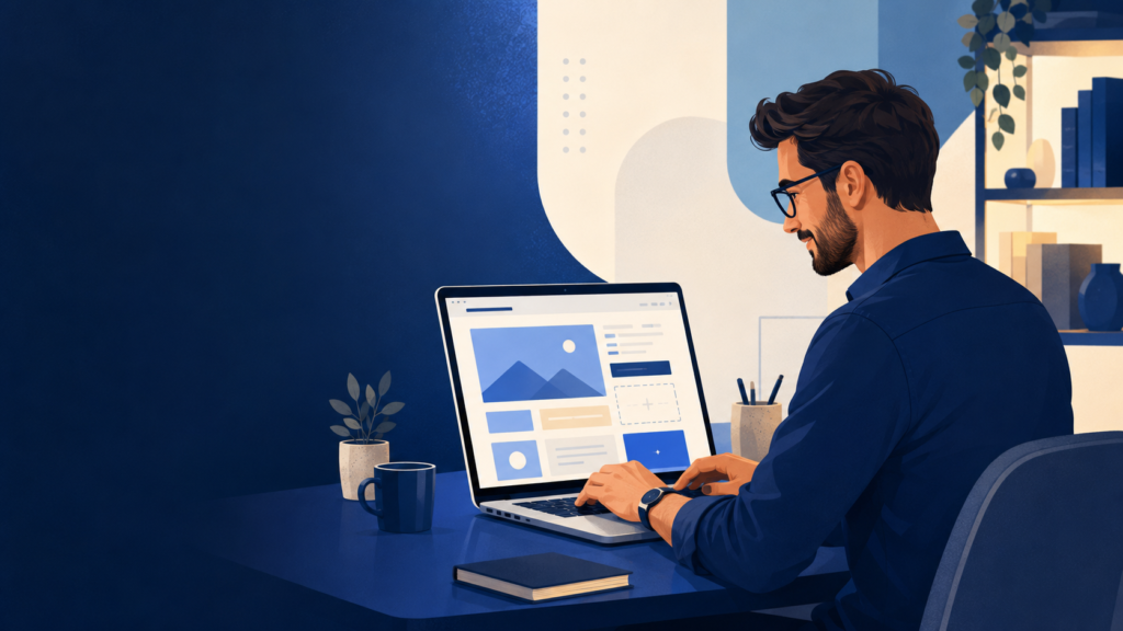 Ilustração de profissional atualizando um site em notebook com conteúdo organizado