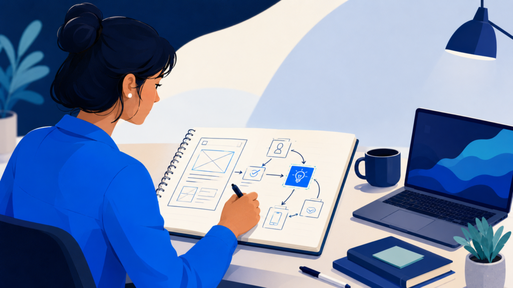 Ilustração de profissional planejando uma solução digital a partir de anotações e etapas conectadas.