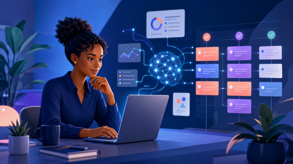 Ilustração de uma pessoa usando inteligência artificial para analisar informações e organizar tarefas no trabalho.