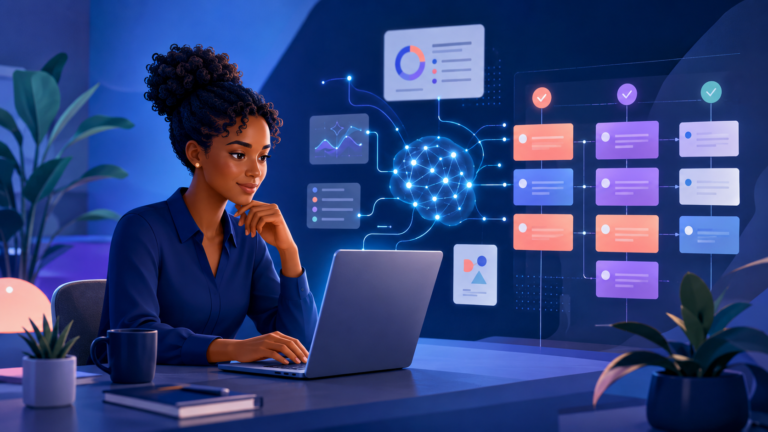 Ilustração de uma pessoa usando inteligência artificial para analisar informações e organizar tarefas no trabalho.